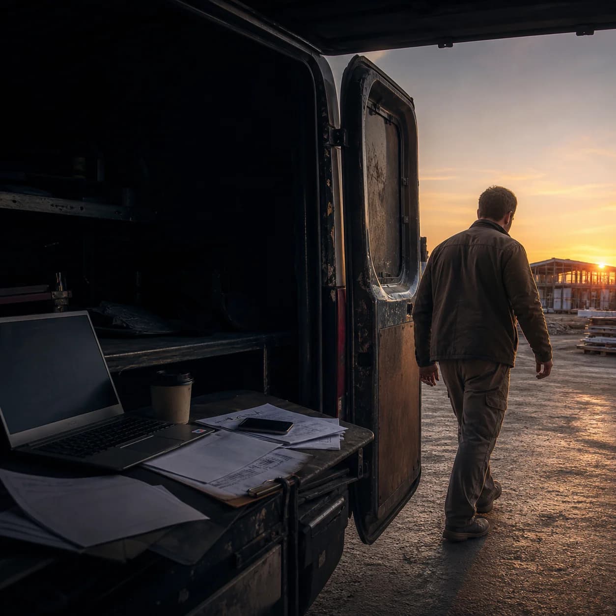Illustration of a business owner leaving a laptop and paperwork behind to head onto a jobsite